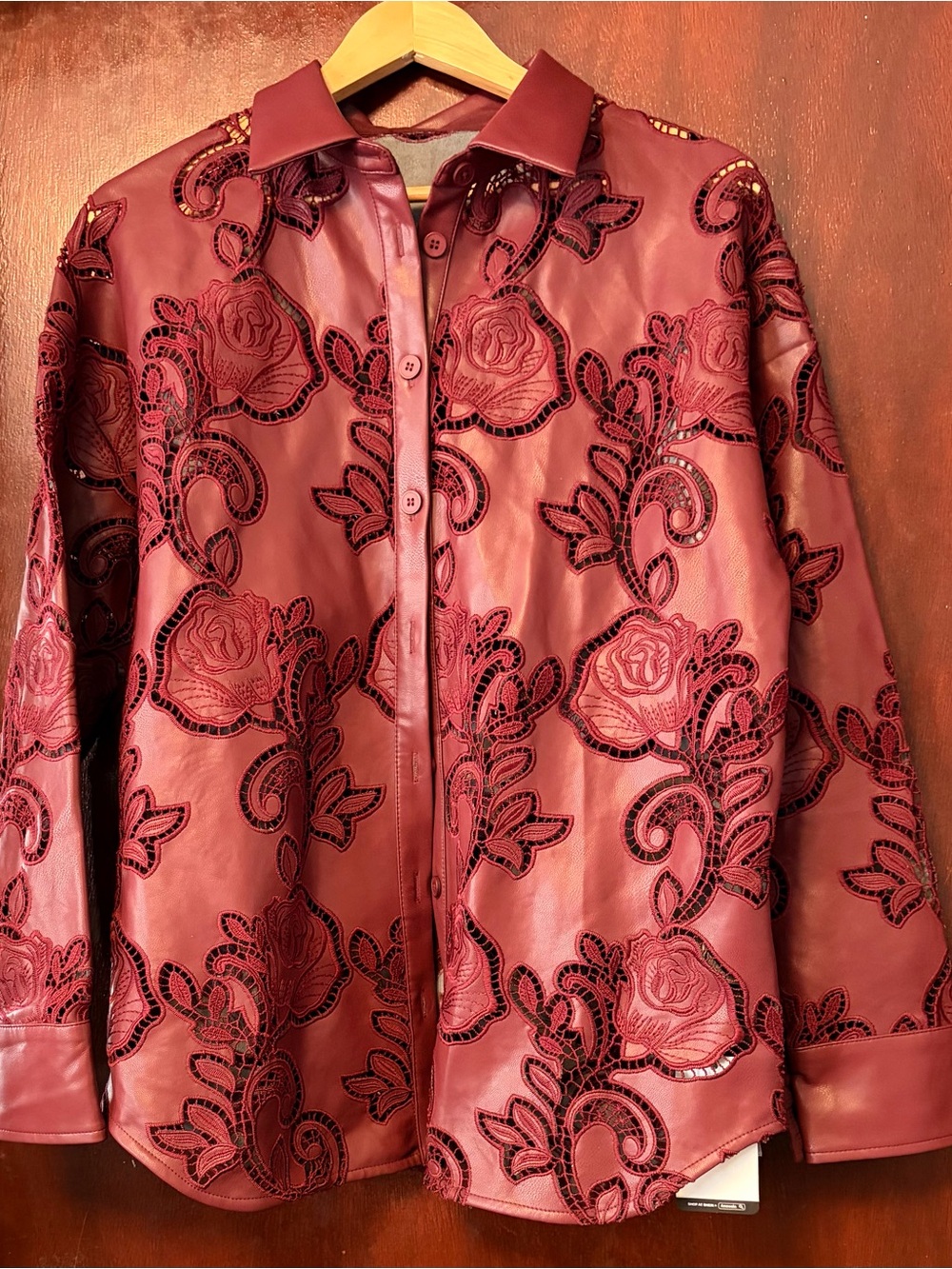 Women's Anewsta Burgundy Floral Embroidered Button-Up Jacket/Top